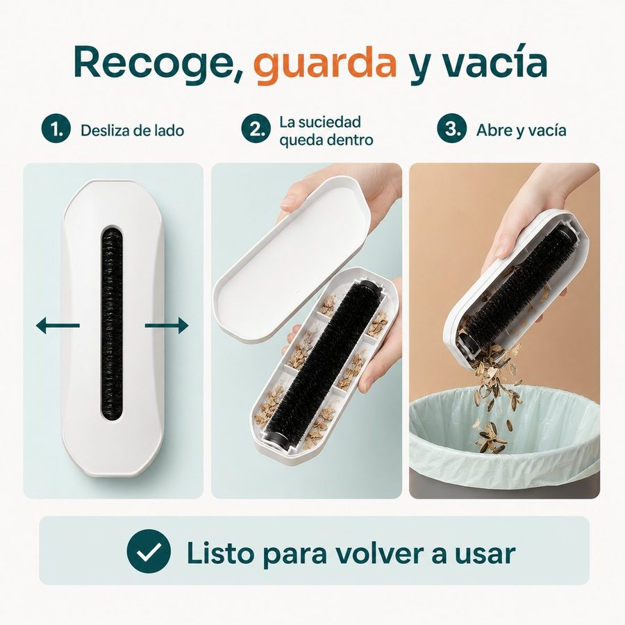 Tres pasos: deslizar, la suciedad queda dentro, abrir y vaciar en la basura