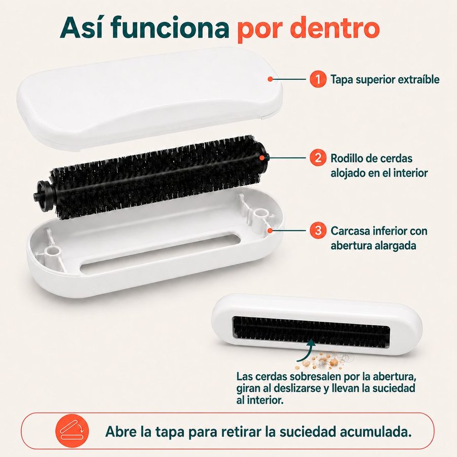 Despiece: tapa superior, rodillo de cerdas y carcasa inferior con abertura