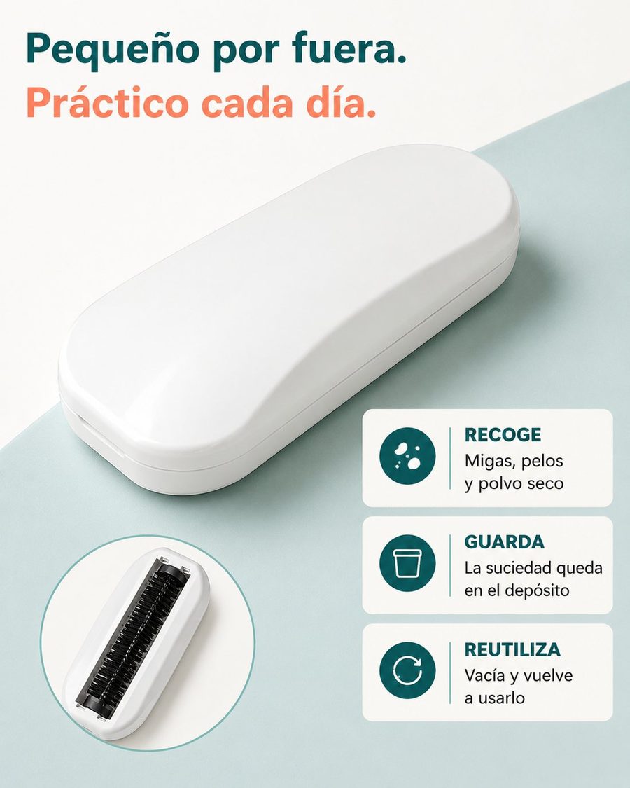 Recoge migas y pelo, guarda la suciedad en el depósito, vacía y vuelve a usarlo
