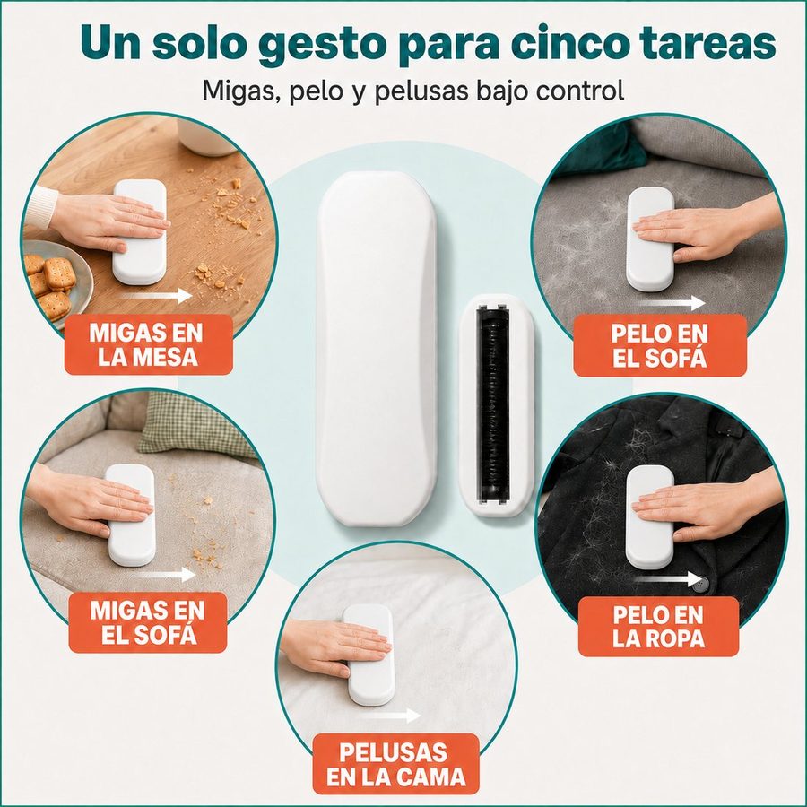 Cinco tareas: migas en la mesa, migas en el sofá, pelo en el sofá, pelo en la ropa y pelusas en la cama