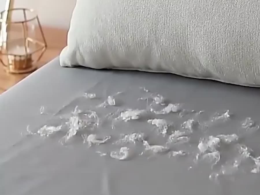 Pelusas sobre la sábana de la cama