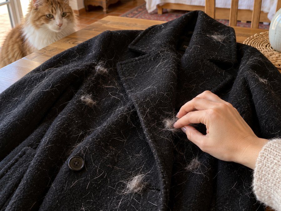 Abrigo negro lleno de pelo de gato sobre la mesa, con el gato al fondo