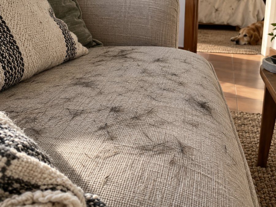 Sofá de tela cubierto de pelo de perro, con el perro tumbado en la habitación de al lado